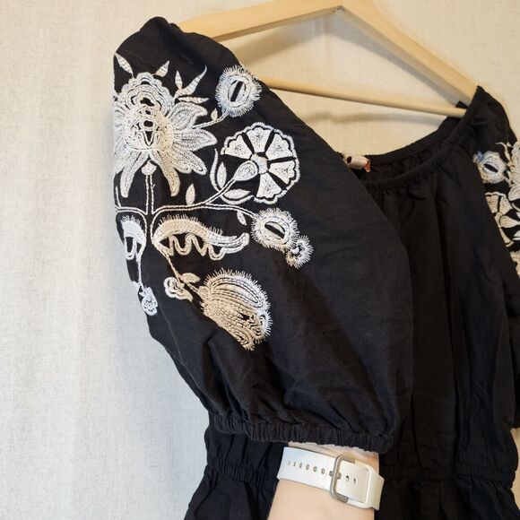 Knox Rose Womens Black Dress White Floral Embroidery Pockets Ruffle Size Large - Picture 3 of 10